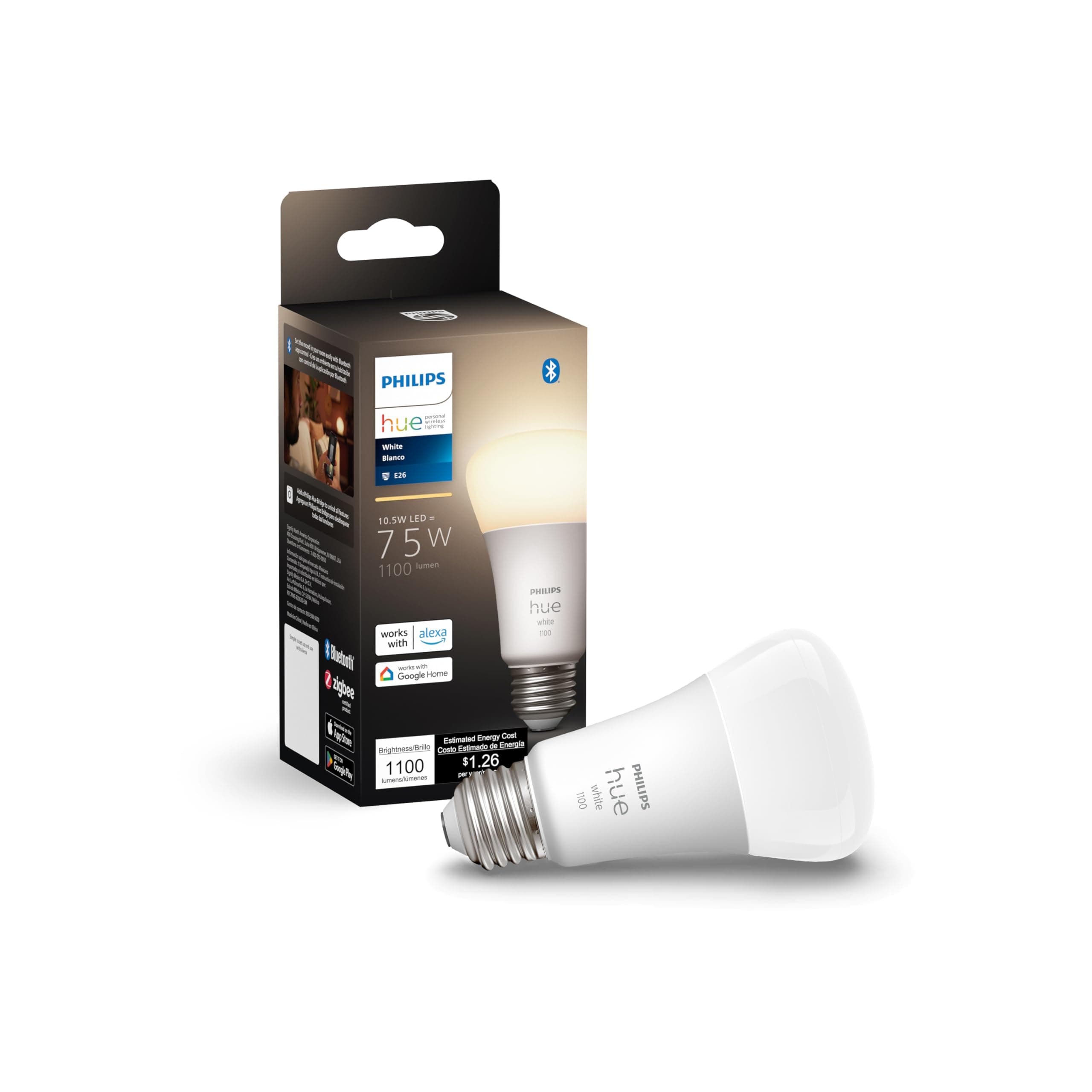 Philips Hue Smart 75W A19 LED Bulb - Soft Warm White Light - 1 Pack - 1100LM - E26 - Indoor - Control with Hue App - Works with Alexa, Google Assistant and Apple Homekit