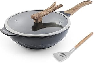 COOKLOVER Wok Nonstick Die-cast Aluminum Scratch Resistant PFOA Free Induction Woks And Stir Fry Pans with Glass Lid 12.6Inch - Slate Grey