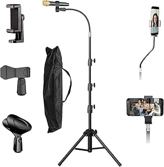 Microphone Stand For singing For Most Mic, Gooseneck Mic Stand Adjustable Height From 21” to 75”, Portable Mic Floor Stand with Phone holder,Two Mic Clips for Studio, Stage, Karaoke, DJ, Kids