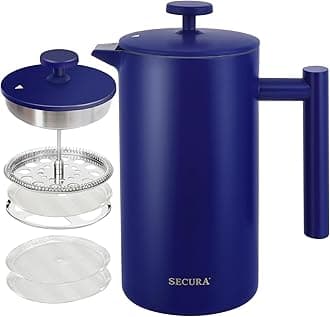 Secura French Press Coffee Maker, 304 Grade Stainless Steel Insulated Coffee Press with 2 Extra Screens, 34oz (1 Litre), Blue