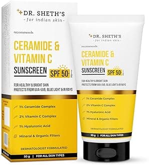 Dr. Sheth's Ceramide & Vitamin C Sunscreen In-Vivo Tested Protects, Moisturizes & Brightens Skin SPF 50+ PA++++ Lightweight, Leaves No White Cast 50 g