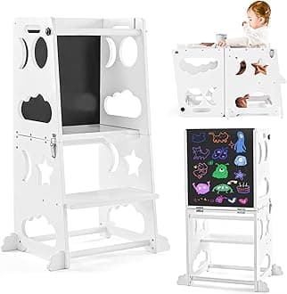 Toddler Kitchen Stool Helper, 4 in 1 Toddler Standing Tower Collapsible Kids Step Stool for Bathroom, Child Standing Tower for Toddlers with Chalkboard & Safety Rail, Montessori Kids Stool-Pure White