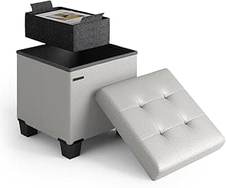 Storage Ottoman Cube with Small Bin, 15-in Square Ottoman with Storage for Living Room and Bedroom, Small Ottomans Foot Rest, Leather Foot Stools Ottomans Max 330lbs, Light Grey