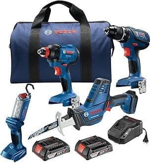 Bosch GXL18V-496B22 18V 4-Tool Combo Kit with Compact Tough 1/2 In. Drill/Driver, Two-In-One 1/4 In. and 1/2 In. Impact Driver/Wrench, Compact Recip Saw, LED Light and (2) 2.0 Ah SlimPack Batteries