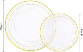 200 Pcs Clear Gold Plastic Plates - Heavy Duty Disposable Party Plates, Gold Plates Disposable Include 100 Dinner Plates and 100 Dessert Plates, Plastic Plates for Party, Holiday, Wedding & Birthday