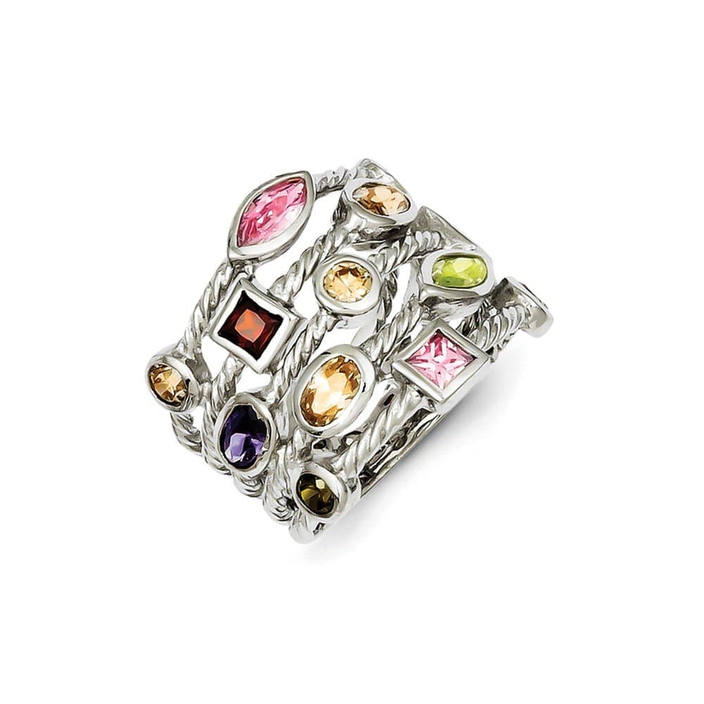 Sterling Silver Rhodium Plated Multi-Color Gem Multi-Shaped Bezel Set Gemstone 5-Strand Ring