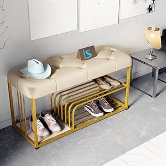 Dence Store Metal End of Bed Bench-Upholstered Entry Shoe Storage with Nailhead Trim,Black Mental Frame Ottoman Bench for Bedroom Entry Window Mudroom Living Room (Beige)