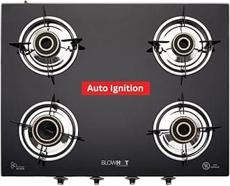 - BLOWHOT Auto Ignition Jasper Heavy Tornado Brass 4 Burner Gas Stove Cooktop | Toughened Glass Cooktop | ISI Certified - Stainless Steel Frame Black