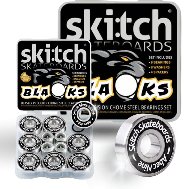 Pro Skateboard Bearings Set - Precision Fast Spin ABEC 9 Chrome Steel Bearing Kit for Longboards, Skate Boards, Scooters and Roller Skates + Spacers + Washers + BONUS Carry Case (8-Pack, Black)