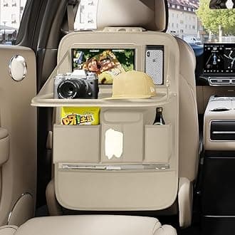 GMQ Back Seat Car Organizer 1 Pack,Backseat Organizer with Tray,Multifunctional Car Seat Back Storage Box with Foldable Tablet Holder (Beige, Plain weave)