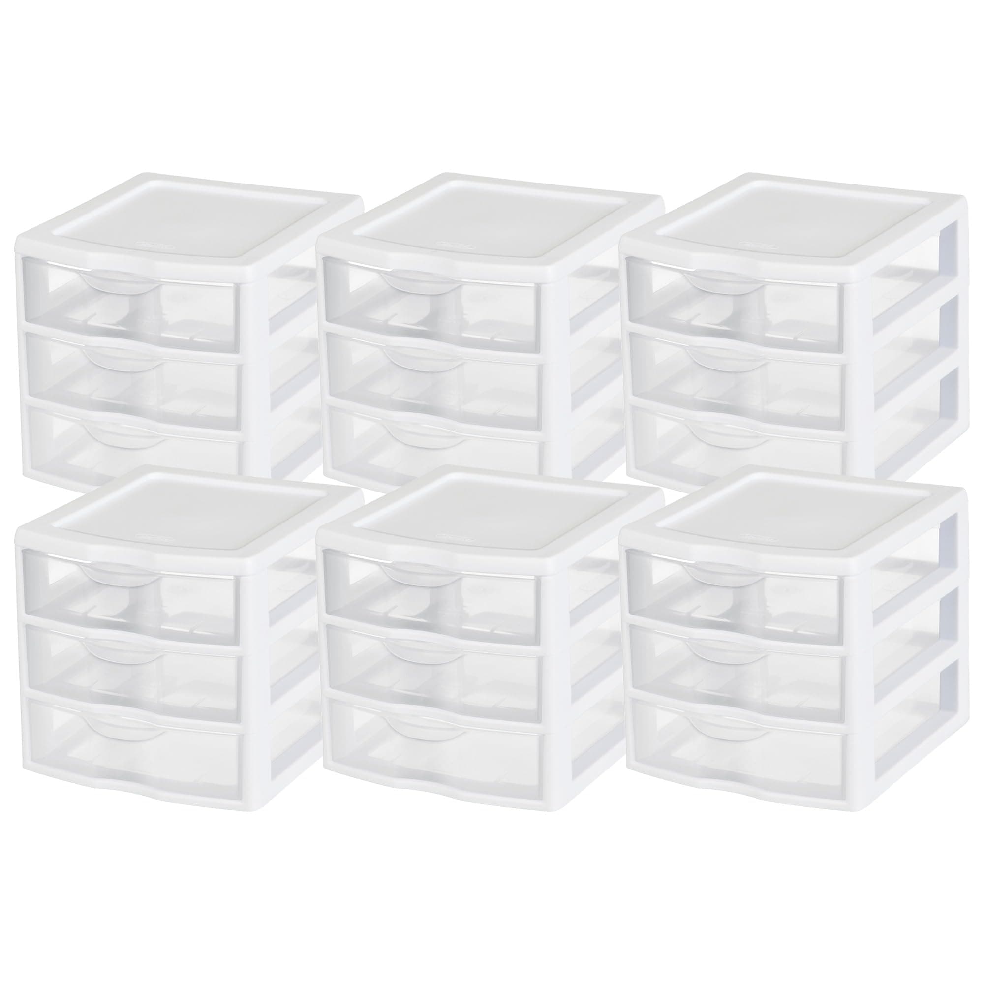Sterilite Small 3 Drawer Desktop Storage Unit, Tabletop Organizer for Desk, Countertop at Home, Office, Bathroom, White with Clear Drawers, 6-Pack