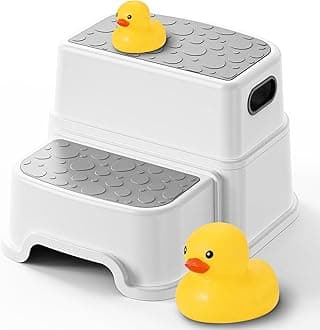 UNCLE WU Toddler Step Stool for Potty Training, Bathroom Sink & Toilet - 2 Step Kids Poop Stool, Non-Slip Step Stool with Handles, Dual Height Stepping Stool for Kitchen Counter (Include 2 Ducks)