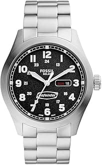 Fossil Defender Watch for Men, Solar Powered Three Hand Date with Stainless Steel or Leather Strap