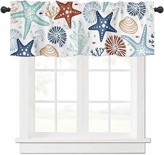 Nautical Curtain Valance for Windows Starfish Seashell Window Treatments 1 Panel Short Curtains for Kitchen Windows Bathroom Bedroom,54 x 18 Inch