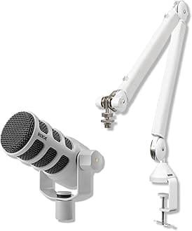 RODE PodMic Dynamic Podcasting Microphone (White) with RODE PSA1+ Professional Studio Arm (White) and XLR Cable