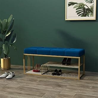 Metal End of Bed Bench-Upholstered Entry Shoe Storage with Nailhead Trim,Black Mental Frame Ottoman Bench for Bedroom Entry Window Mudroom Living Room (Blue)