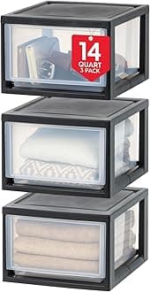 IRIS USA 14.5 Quart Stackable Storage Drawer, Plastic Drawer Organizer with Clear Doors for Pantry, Closet, Desk, Kitchen, Under-Sink, Home and Office De-Clutter, Shoes and Crafts - Black, 3 Pack