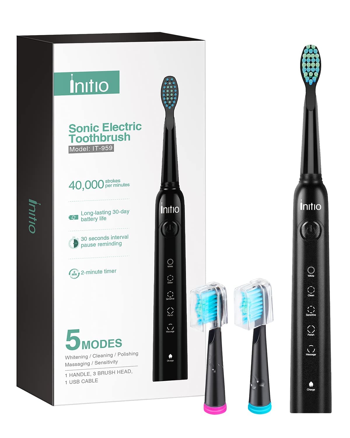 Initio Rechargeable Electric Toothbrush for Adults, Smart Timer, 5 Modes, 3 Brush Heads, 40,000 VPM Motor, Whitening Power, IT959 (Black)