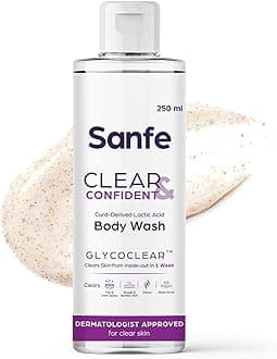 Sanfe Clear & Confident Glycolic Acid Body Wash | AHA Exfoliation for Rough & Bumpy Skin, Tan, Acne & Strawberry Skin | Smooth Skin from 1st Use | 250ml Daily Shower Gel