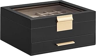 SONGMICS Jewelry Box Organizer with Glass Lid, 2-Layer Jewelry Storage, with 1 Drawer, Modern Style, 8 x 9.1 x 4.1 Inches, Graphite Black and Gold Color UJBC174B01