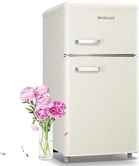 DEMULLER 3.5 Cu.ft Retro Mini Fridge with Freezer Dual Doors & Handles Compact Refrigerator with 7 Thermostat Control Freestanding Small Fridge with LED Light Cream