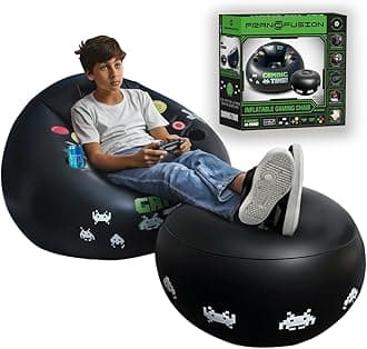 FranFusion Inflatable Gaming Chair for Kids & Teens with Cup Holders and Side Pocket - This Air Bean Bag Game Chair is The Perfect Furniture for Gamer Room Décor (Green Gaming Time with Ottoman)