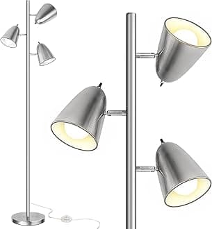 QiMH Tree Floor Lamp with 3 Light Bulbs, Standing Tall Pole Lamps for Living Room Bedroom Office, Reading Stand up Lamps with 3 Adjustable Arms,Brushed Nickel