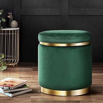 Velvet Round Dual Strip Ottoman Office Stool Foot Rest Stool Linen Fabric Padded Seat Pouf Ottoman with Round Shape for Living Room (Dark Green)