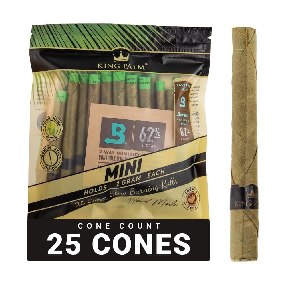 King Palm Mini Size Cones - Natural Pre Rolled Cone Palm Leafs - Corn Husk Filter Tip - Pre Rolled Rolling Paper with Tips & Packing Tubes Included
