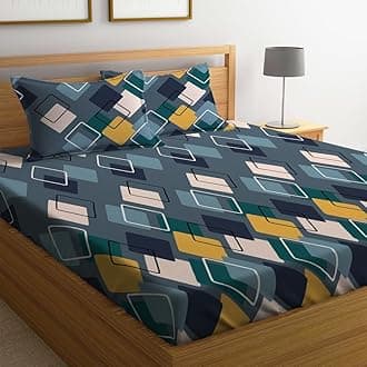 LOOMLYFE 300 TC Cotton Feel Glace Cotton Elastic Fitted Printed King Size Double Bed Bedsheet with 2 Pillow Covers Fits Upto 8 inches Mattress, Size- 72X78 Inches, NavySquare