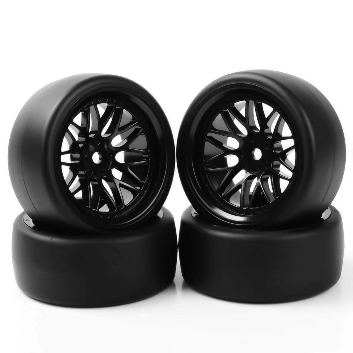 SOUFORCE 1:10 Scale RC Model Drift Wheels and Tires, 12mm Hex Plastic Wheel Rim and Tire Set for On Road Racing Car, 4 Pack Black