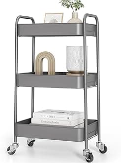 3-Tier Rolling Cart - Metal Utility Storage Organizer with Lockable Wheels, 33 lbs Per Shelf, Tool-Free 5-Min Assembly, for Kitchen Bathroom Office Nursery Craft Room, Grey