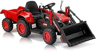 MELLCOM Ride on Bulldozer, Ride on Excavator with Detachable Trailer, 12V Kids Electric Vehicles Ride on Toy with Remote Control, Kids Car with Bucket, Horn, Lights, Music Player, Safety Belt, Red