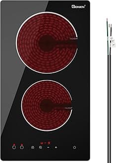 GIONIEN Electric Cooktop 2 Burners 220V~240V, Built-in 12 Inch Ceramic Burners, Double Glass Stove Top, Apartment Size Electric Radiant Cooktop with Hard Wire,3000W,No Plug