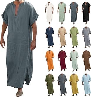 Kaftan Thobe Mens Short Sleeve V-Neck Linen Robe Big and Tall Muslim Robe Casual Loose Lightweight Long Sleeping Gown