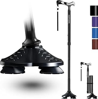 Walking Cane for Men Women Stability, Free Standing Foldable Cane, Ergonomic Handle Pivoting Quad Base, Heavy Duty 350 LBs, Adjustable Walking Canes for Seniors Balance with Travel Bag