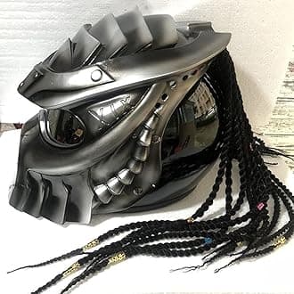 Predator Motorcycle Helmet, Full Face Helmet Mask with Hair Braid and LED Light for Outdoor Riding Or Club Parties, and Cosplay Prop, DOT Certified,Thin Braids,XL