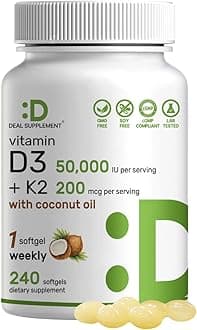 Vitamin D3 50,000 IU + K2 MK7 200 mcg,240 Softgels | Virgin Coconut Oil, Max Strength Vitamin D & K, Promotes Heart, Bone, & Teeth Health – One Softgel Weekly, Easy to Swallow