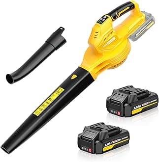 SEYVUM Cordless Leaf Blower, 20V Blower with 2 X 2.0 Ah Battery, Electric Blower for Lawn Care, 350 CFM 150 MPH Battery Powered Leaf Blower with Charger, for Patio, Garden Cleaning, Yellow