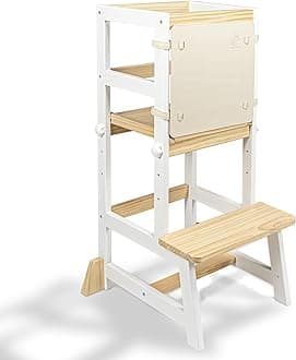 WOOD CITY Kitchen Stool Helper for Kids with Non-Slip Mat, Toddler Standing Tower for Learning, Wooden Toddler Stepping Stool for Counter & Bathroom Sink (White-Burlywood-Adjustable-Adjustable)