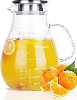 Glass Pitcher, Glass Water Pitcher with Tight Stainless Steel Lid, 105.5oz/3L Heat Resistant Borosilicate Glass Carafe, Temperature Safe