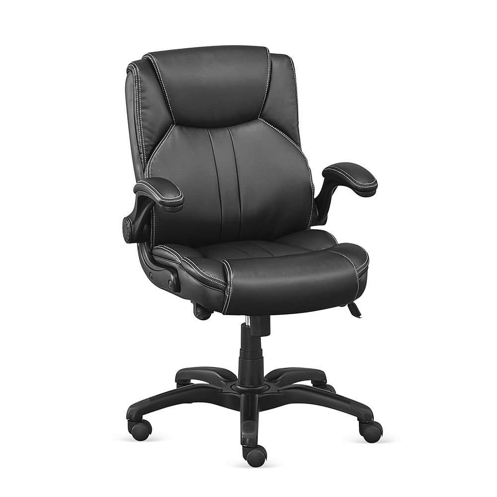 Omega Polyurethane Flip Arm Task Chair Dimensions: 19-25.5" W x 28.5" D x 37.5-41.25" H Seat Dimensions: 20" Wx20.75 Dx18.5-22.25" H Weight: 46 lbs. Black Faux Leather/Black Arms and Base