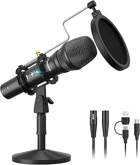 USB/XLR Podcast Dynamic Microphone, Studio Mic Kit with Volume Control, Shock Mount, Pop Filter, Ideal for Vocal, Instruments Recording, Voice Over, Live Streaming (HD300T)