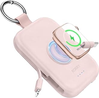 RORRY Portable Charger, 5000mAh Portable Charger Power Bank with Built-in Cables, Travel Keychain Battery Pack for Apple Watch Ultra 2/10/9/8/Ultra/7/6/SE/5, iPhone 16/15/14/13/12, Pink