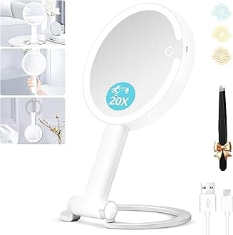 Makeup mirror with lights, 20X magnifying mirror with light and Adjustable Brightness,vanity mirror with lights and 3 Colors, 2-Sided travel mirror with light, Tabletop Mirror for Home and Outside