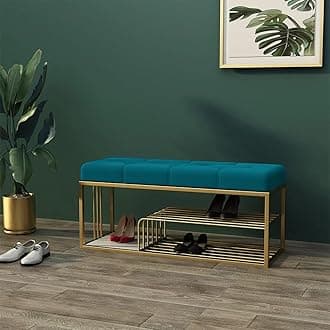 Metal End of Bed Bench-Upholstered Entry Shoe Storage with Nailhead Trim,Black Mental Frame Ottoman Bench for Bedroom Entry Window Mudroom Living Room (Sky Blue)