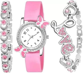 Acnos® Premium White Dial Diamond Pink Analog Watch Love Heart Diamond Bracelet for Girls Best Design Butterfly Combo 3 Pack of 3, 1.PINK-2 BRACELET, Classic