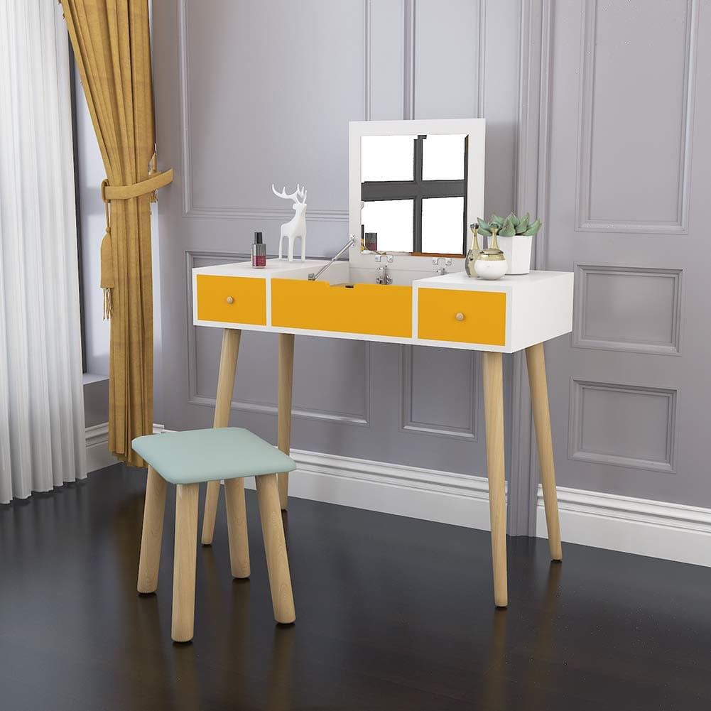 Vanimeu Dressing Table Set Yellow-White Dressing Table with Flip-up Mirror and Cushioned Stool 2 Drawers Corner Dressing Table Girls Dressing Table Bedroom Wooden Yellow Dressing Table