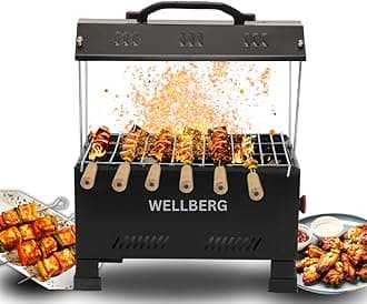 Wellberg 2-in-1 Electric & Charcoal Barbecue Grill Set 1200W Stainless Steel Element 13Inch Size Includes Tong Skewers Portable Grill for Home Camping Barbecue Grill for Outdoor Cooking (Black)