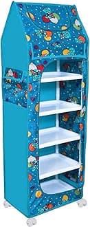 Jaffix Almirah for Clothes, Multipurpose Collapsible Wardrobe for Kids Toys/Books, Baby Cupboard Storage in Bedroom Nursery, Plastic Cartoon With Wheels (Firozi)